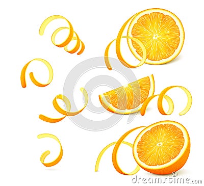 Pieces of orange fruit with twisted zest isolated on white background Vector Illustration